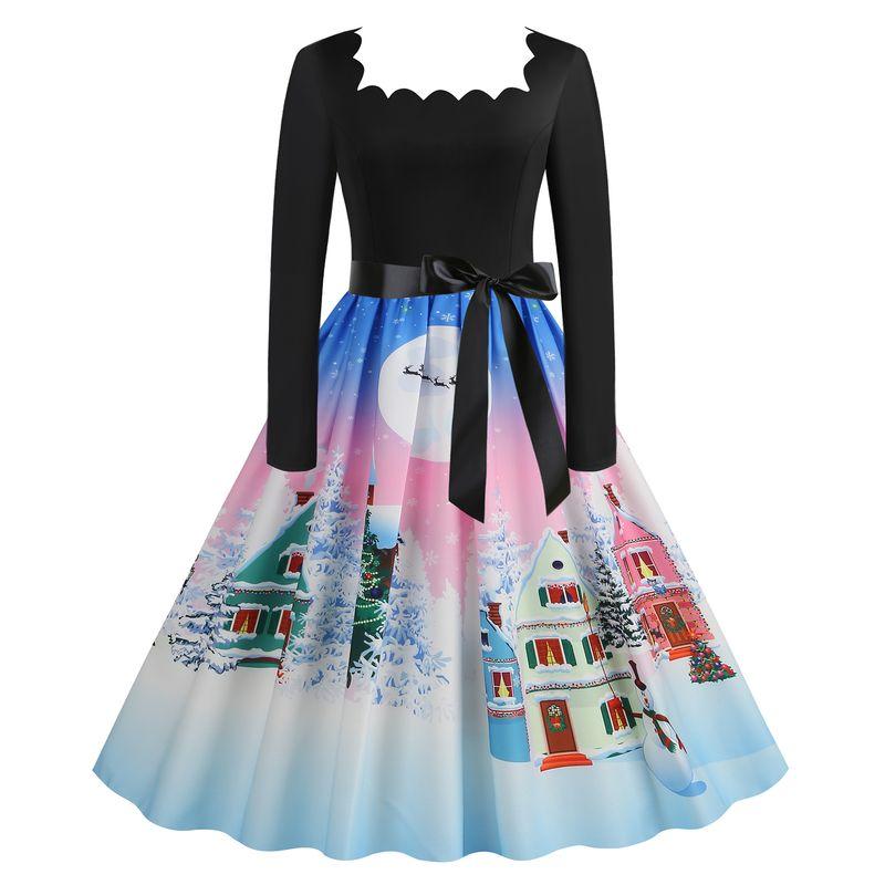 

Retro Burnt Flower Square Collar Patchwork Santa Claus Christmas Mid Length Long Length Long Sleeve Big Hem Dress Send Belt 6251 XL