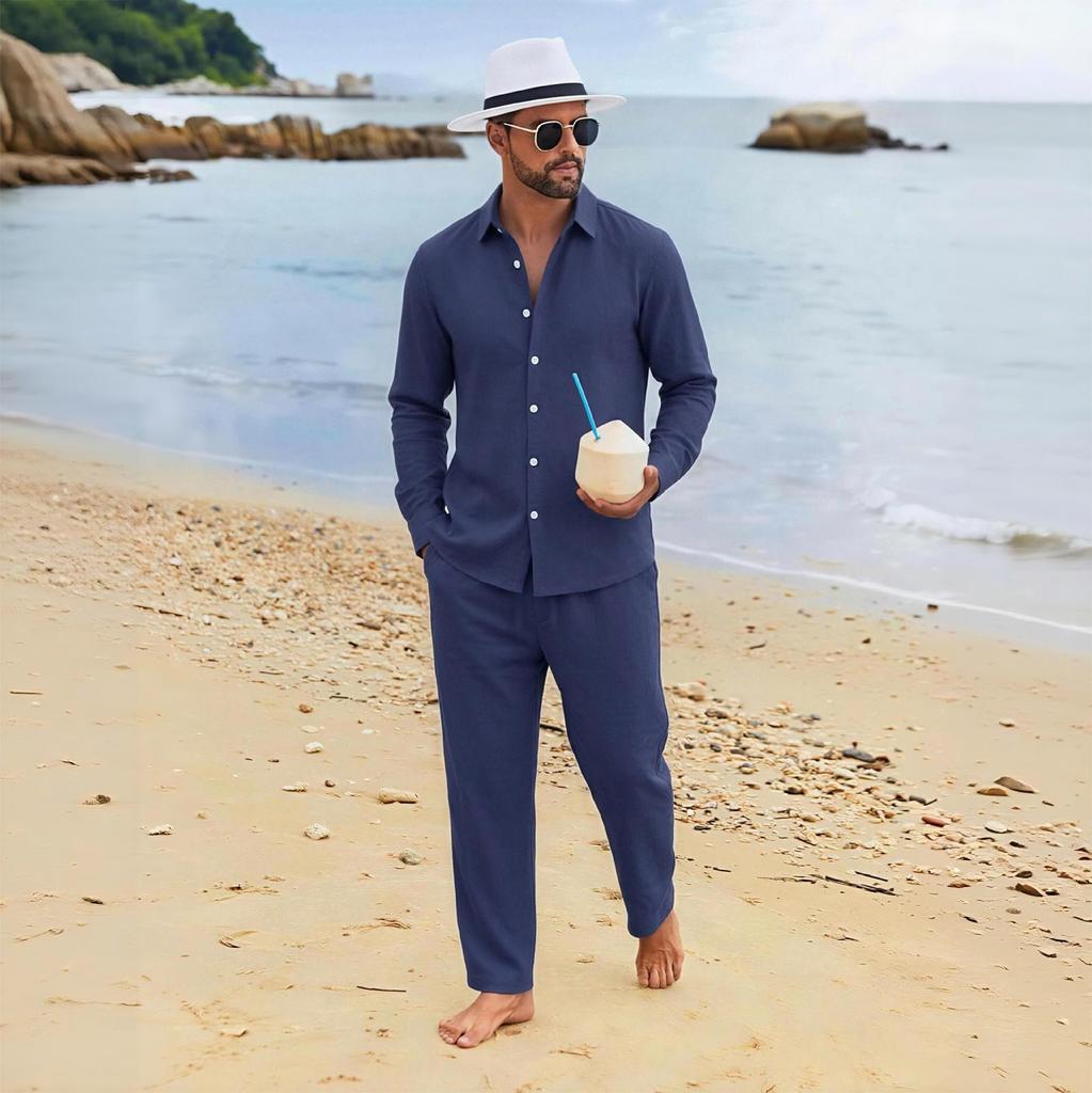 Men's Linen Relaxed Fit Long Sleeve Shirt and Pants Beach Set for Summer
