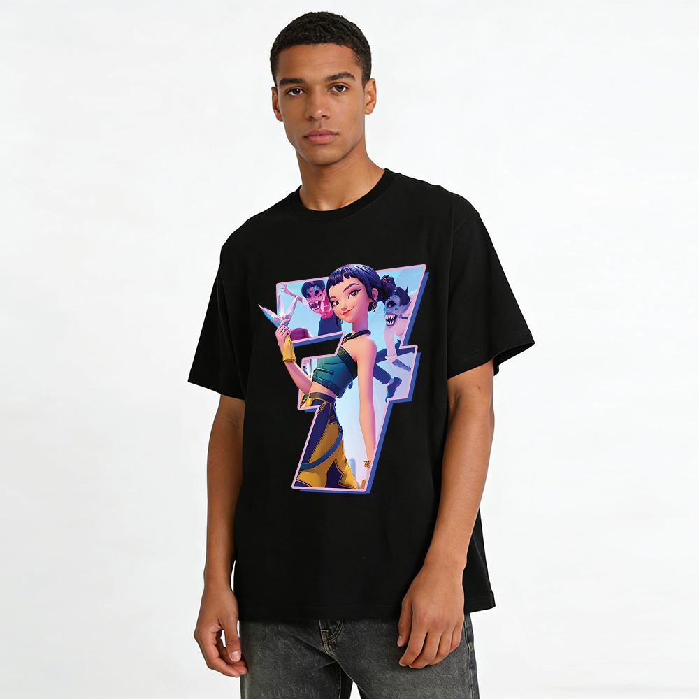 Trendy Chinese Style Mischievous Girl Print T-Shirt Loose Casual Cool Streetwear For Men And Women Pure cotton T-shirt