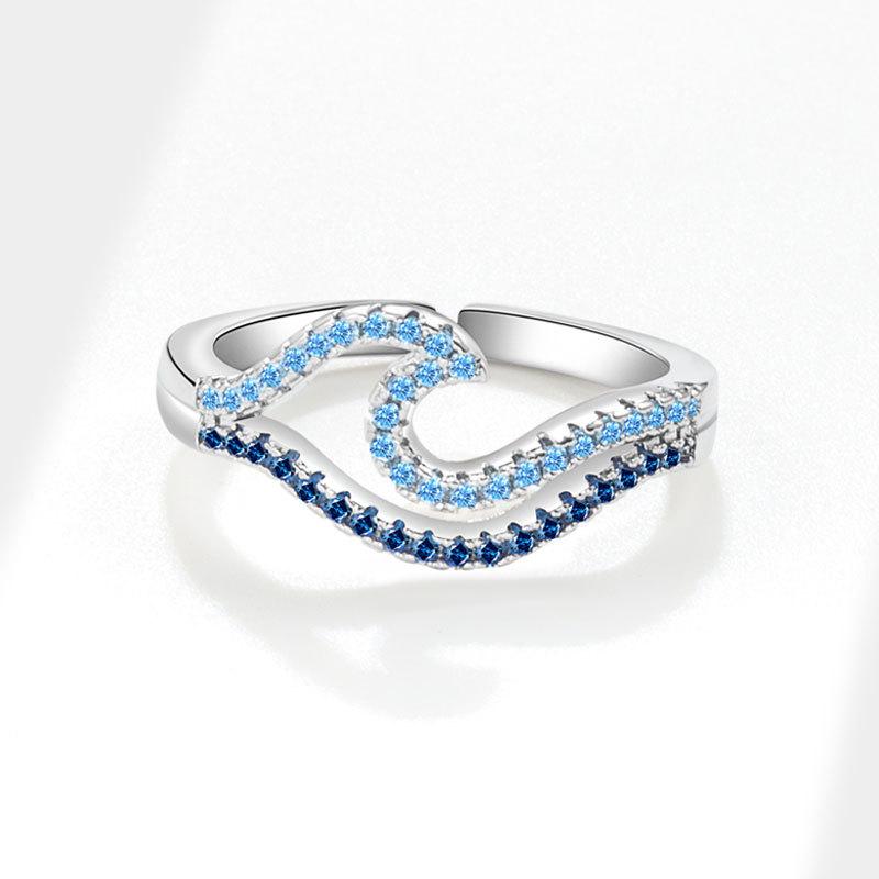 Women's Unique Double Layer Wavy Gradient Blue Index Finger Ring Fashion Jewelry Accessory