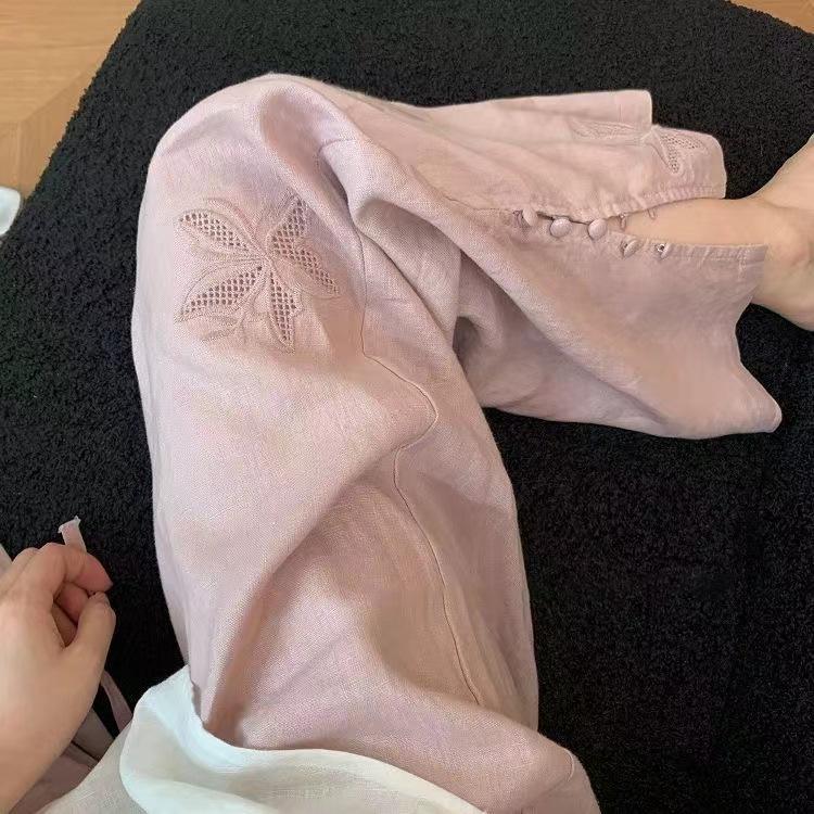 

Women s Spring Embroidered Split Cotton Linen Pants: Stylish, Versatile, Loose-Fit Casual Trousers Medium