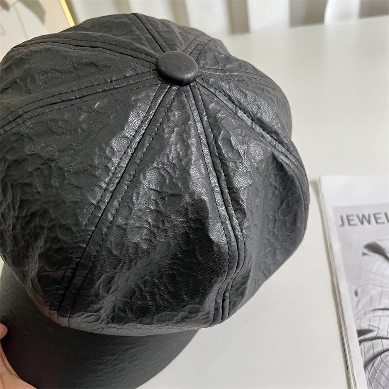 Face Small Black PU Leather Octagonal Hat Children Duck Tongue British Tide Spring and Autumn Summer Leather Hat Beret