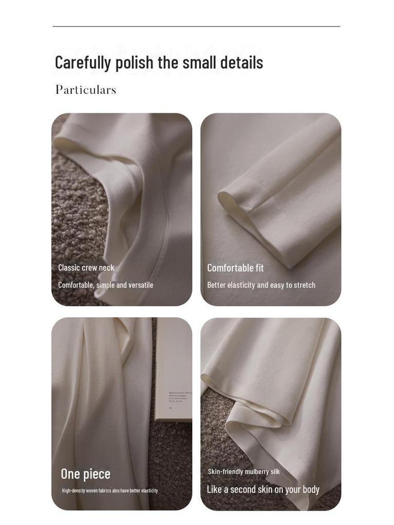 Tangge Women's Long-Sleeve Seamless Mulberry Silk Top - Soft, Elastic, Light, and Warm Round Neck Shirt