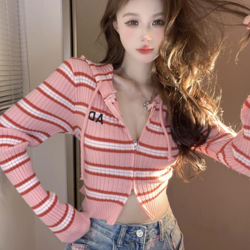 Striped Hooded Double Zippered Knitted Cardigan Sweater Jacket Women's Autumn Short High Waisted Long Sleeved Top