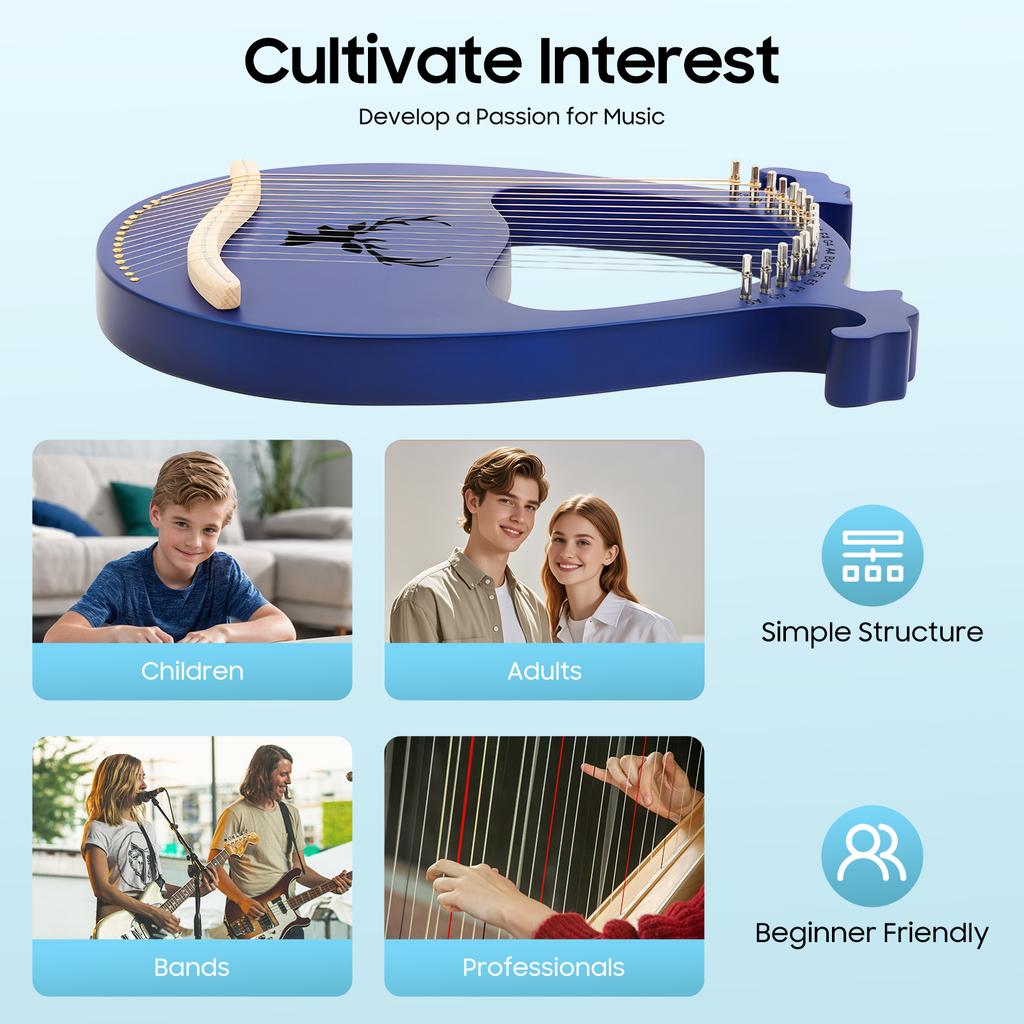 Blue 16 String Lyre Harp Solid Mahogany Antler Design Portable Musical Instrument for Adults Beginners Kids Gift Practice Travel