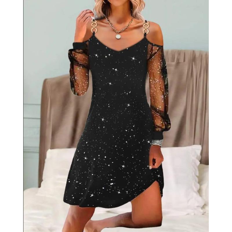 Women's new V-neck printed splicing mesh women's dress