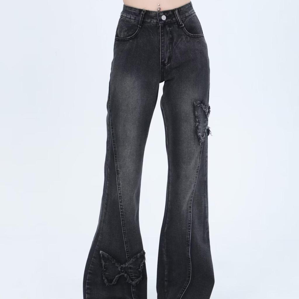 Plus Size Butterfly Embroidery Flare Jeans - Women's Summer Streetwear Slimming Wide-Leg Pants
