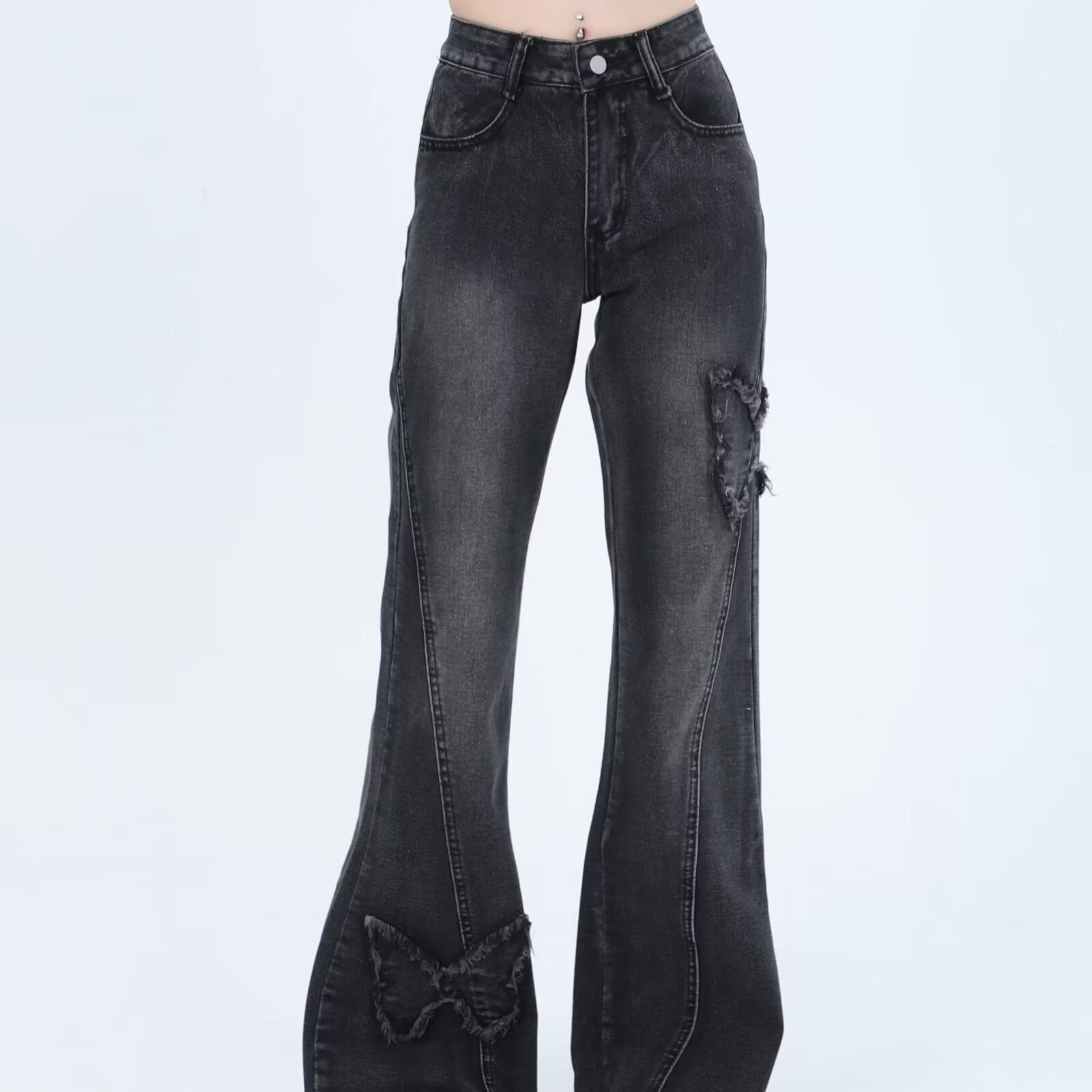 

Plus Size Butterfly Embroidery Flare Jeans - Women s Summer Streetwear Slimming Wide-Leg Pants M черный серый