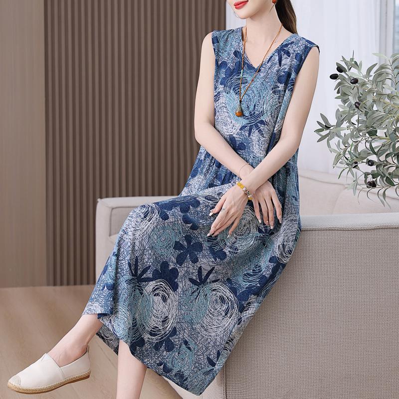 Abito estivo elegante da donna taglie forti, abito lungo senza maniche ampio, abbigliamento vintage femminile