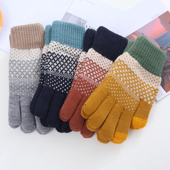 1 Pair Thickened Warm Full Fingers Touch Screen Ribbed Cuffs Women Gloves Winter Striped Splicing Double Layer Fleece Lining Knitting Gloves for Cold