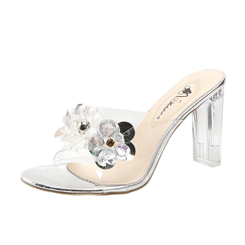 

Korean Style Rhinestone Flower Women s Round Toe High Heel Sandals 38 срібний