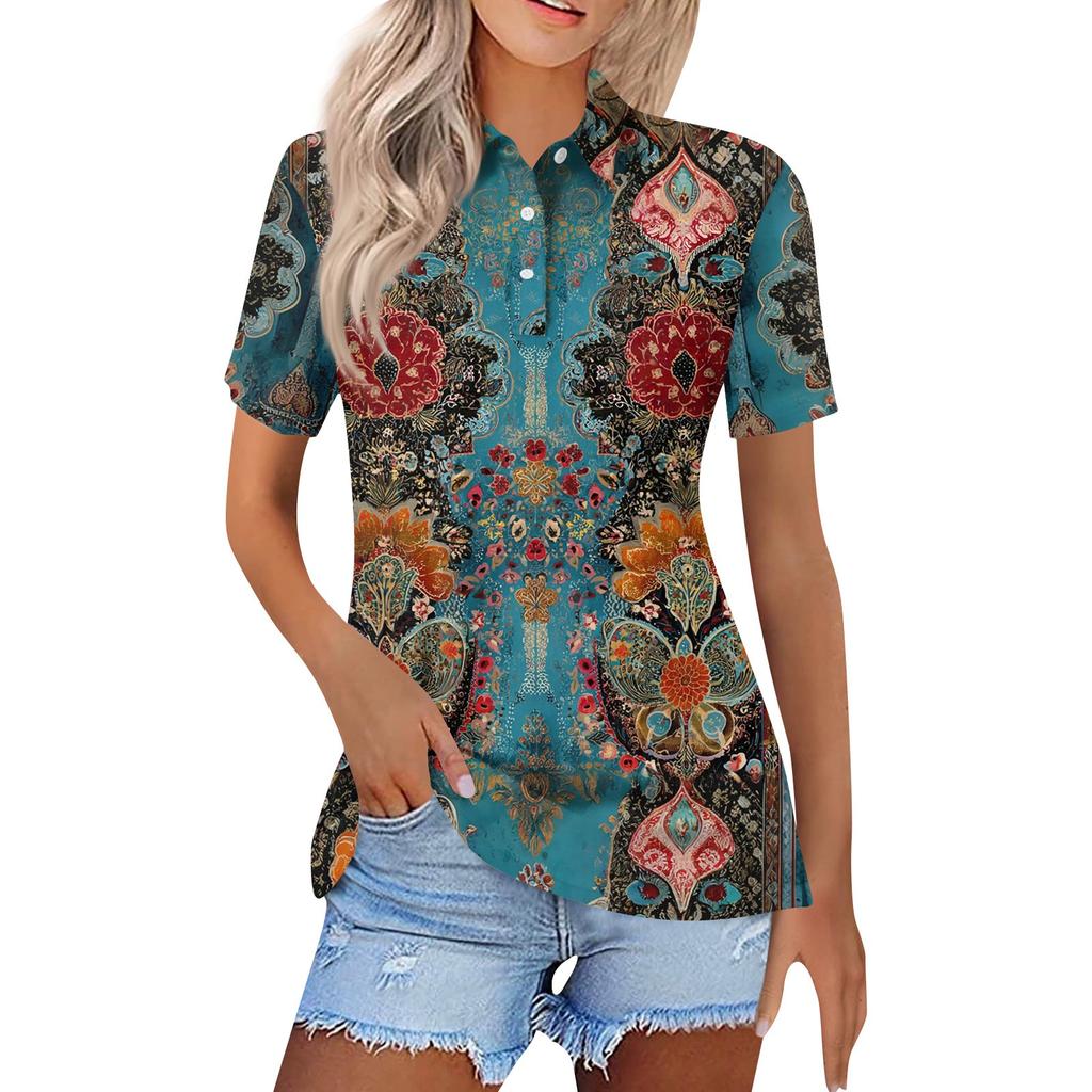 Dammode Casual Lapel Kortärmad Skjorta med Tryck Damtopp med Knappar