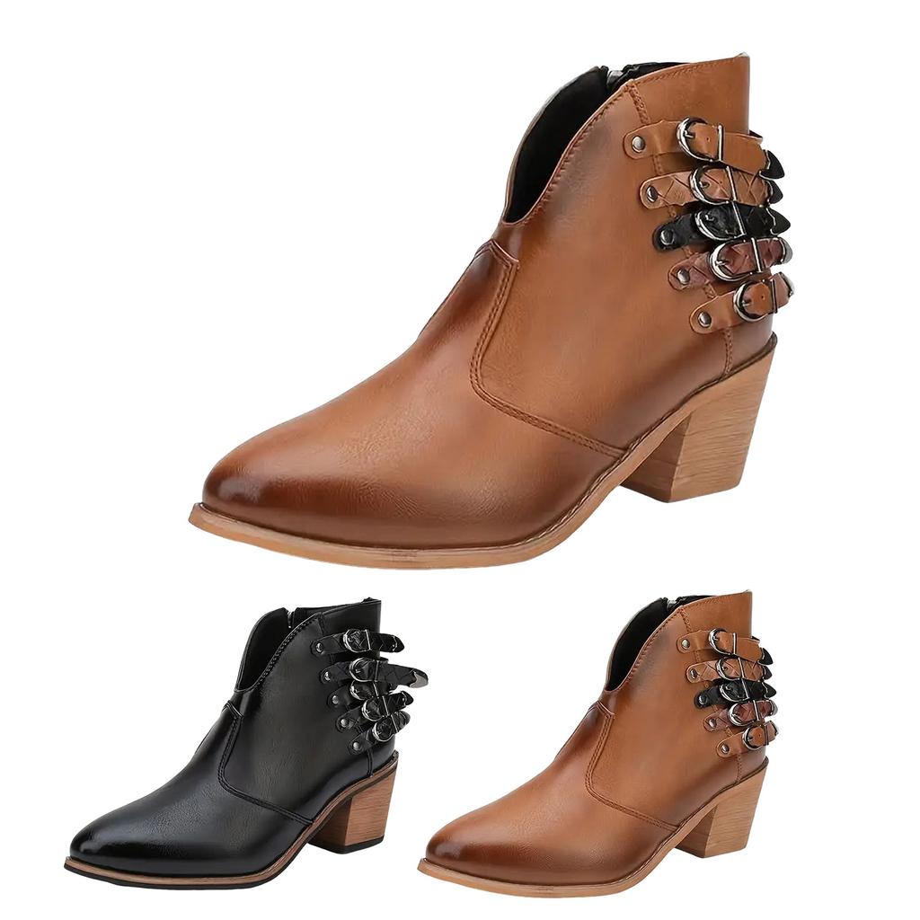 Fünf Riemen Große Größe Damen Kurzstiefel Europäisch Und Spitz Dicke Ferse Kurzer Schaft Seitenreißverschluss Leder Stickerei Stiefel Damen
