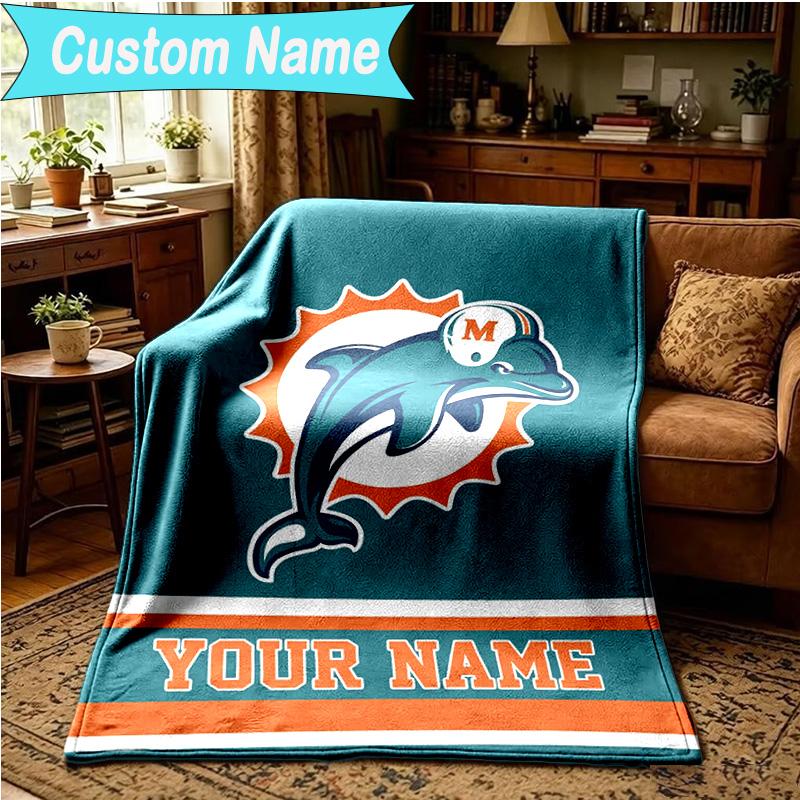 1PC Custom Name Blanket Dolphins Team Flannel Blankets Patterns Throw Blanket All-Season Soft Gift for Couch, Bed, Camping, Birthday Gifts