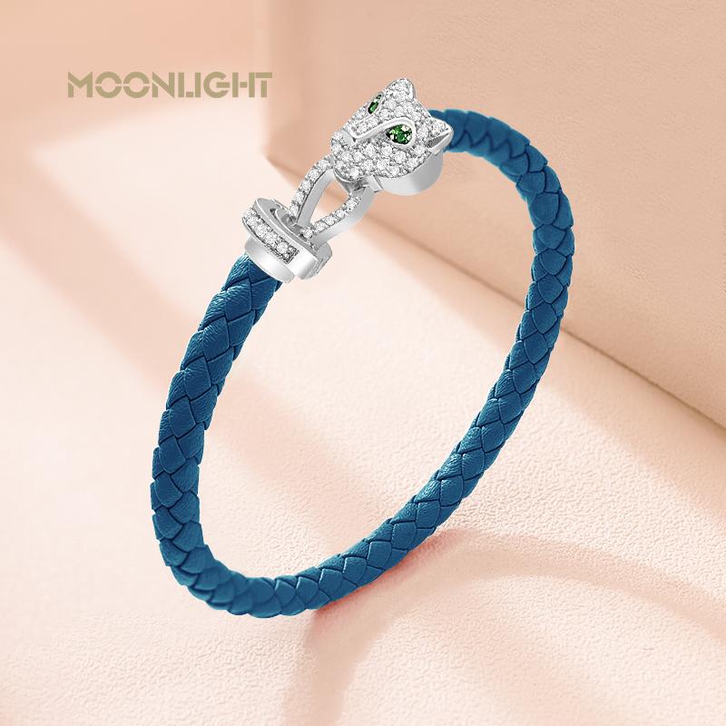 MOONLIGHT Classic Design Exquisite Cheetah Zircon Bracelet for Women Braided Leather Bracelet Quality Banquet Couples Gift
