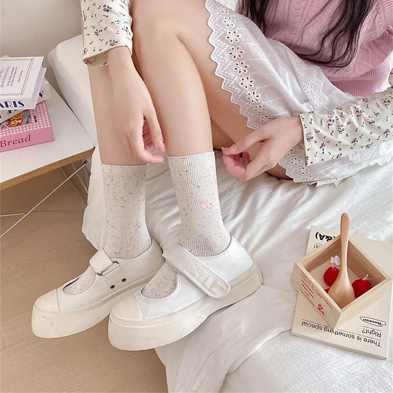 Korean Style Fashion Vertical Striped Slouch Socks Women Polka Dot Embroidered Heart Socks Cute Colorful Dots Cotton Ankle Sock