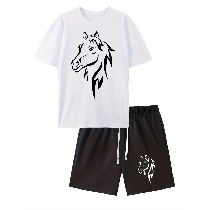 European Size Simple Horse Head Print Men's Short Sleeve T-Shirt and Drawstring Casual Sportswear , Suitable for Spring/Summer
