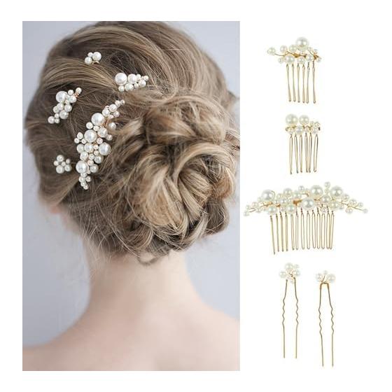 Pearl Hair Pins and Combs Set - Bridal Wedding Hair Accessories for Formal Events, Photography, and Everyday Wear (Gold, 5 Pieces)