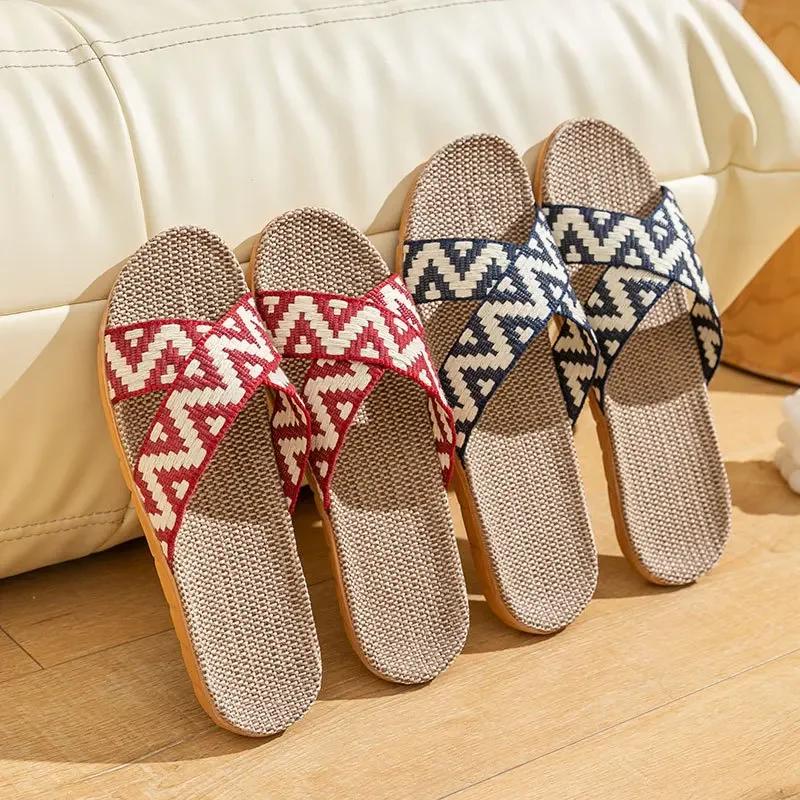 Leinenslipper für den Heimgebrauch Dicksohlige Sommer-Gras-Geflochtene Rattan-Geflochtene Herren- und Damen-Hausschuhe Indoor Rutschfest Geruchshemmend Füße