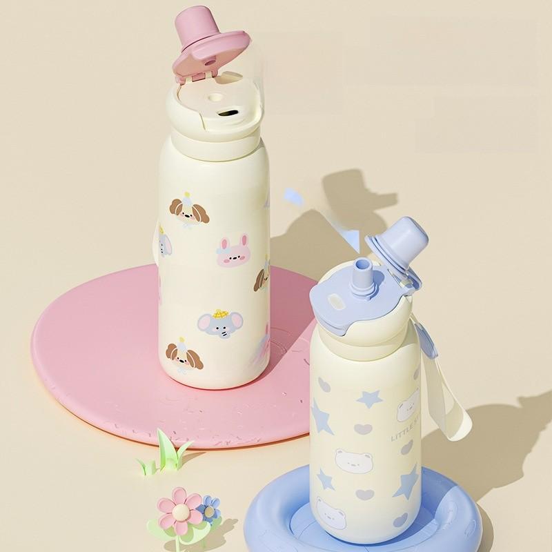 Cartoon Small Puppy Kids Double Drinking Straw Cup With Handle For Travel And School Use
