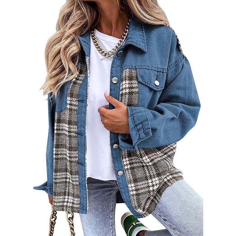 Denim Jacket Checkered Button Up Shirt Jacket Women's Patchwork Jacket Warm Comfortable Commuter Long Sleeved Shirt Autumn Winter