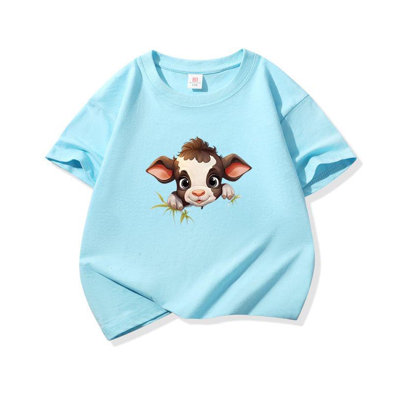 Kids Cotton T Shirt Brown Baby Cow Peeking Over Grass Print Crew Neck Short Sleeve Tee Casual Boys Girls Summer Tops
