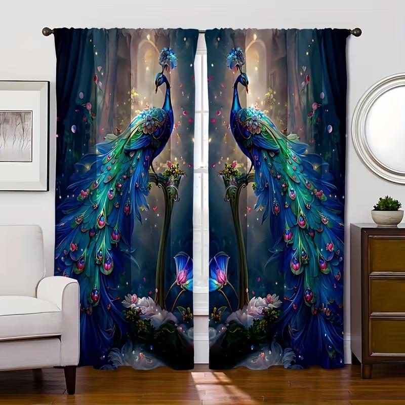 Peacock Patterned Curtains Blue Green Feathers Luxurious Style Living Room Bedroom Decoration Made Of Polyester With Pole Pocket Sitting Decor