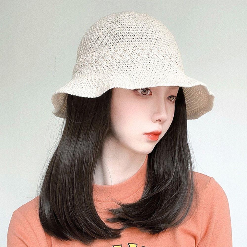 Women Girls Spring Straight Bob Wigs Fisherman Hat Wig Sunshade Hat Short Wigs Bucket Hat Fake Hair