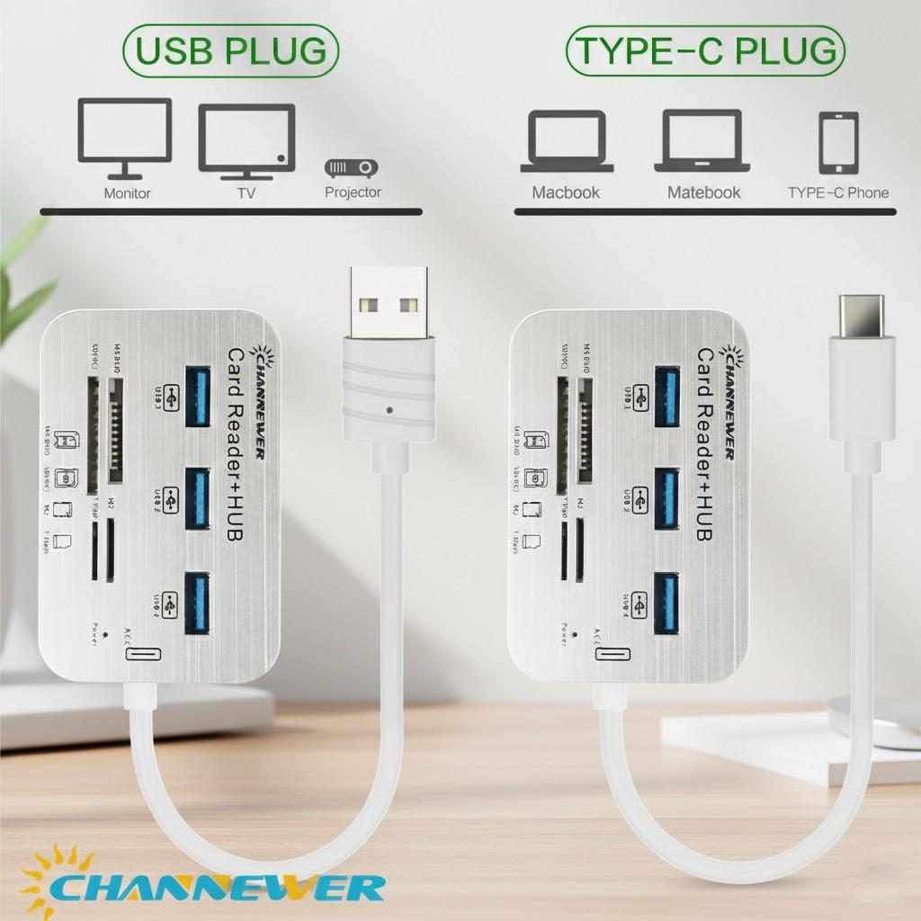 

7-в-1 USB 3.0 Картридер USB-C Хаб 3 порта Высокоскоростной Адаптер Карт Памяти для Карт SD Micro SD TF SDHC SDXC MS M2 белый