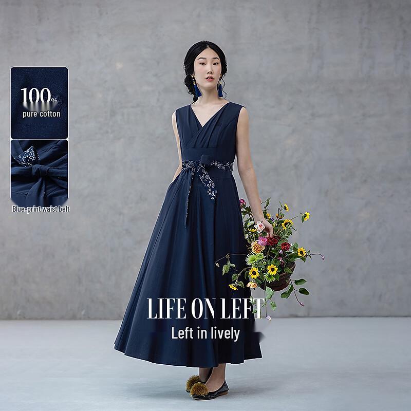 Sleeveless Pleated V-Neck A-Line Dress M темно-синий