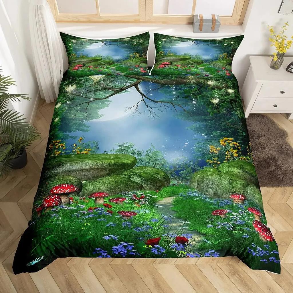 Cute Mushroom Duvet Cover Set Cartoon Mushrooms Comforter Cover Wild Mushroom Bedding Set Wildflower Botanical Plant Quilt Cover