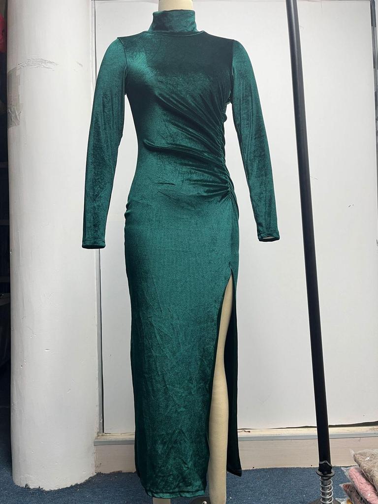 2023 European & American Style High Neck Velvet Long Dress with Slim Fit, Ruched Detailing & Slit - Autumn/Winter Women’s Fashion