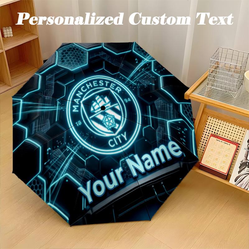 8 Rib Auto Folding Umbrella Manchester City Print Custom Name Text Portable Rain Gear