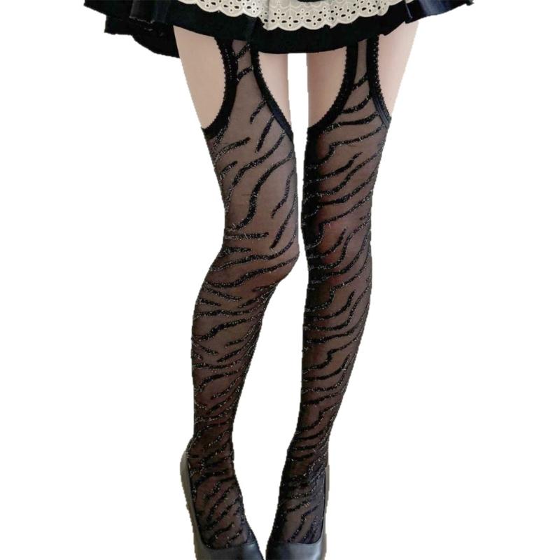 Metallic Zebras Striped Sheer Pantyhose Stockings With Thigh Cutouts Faux Suspender Garter Belt Nylon Tights for Women