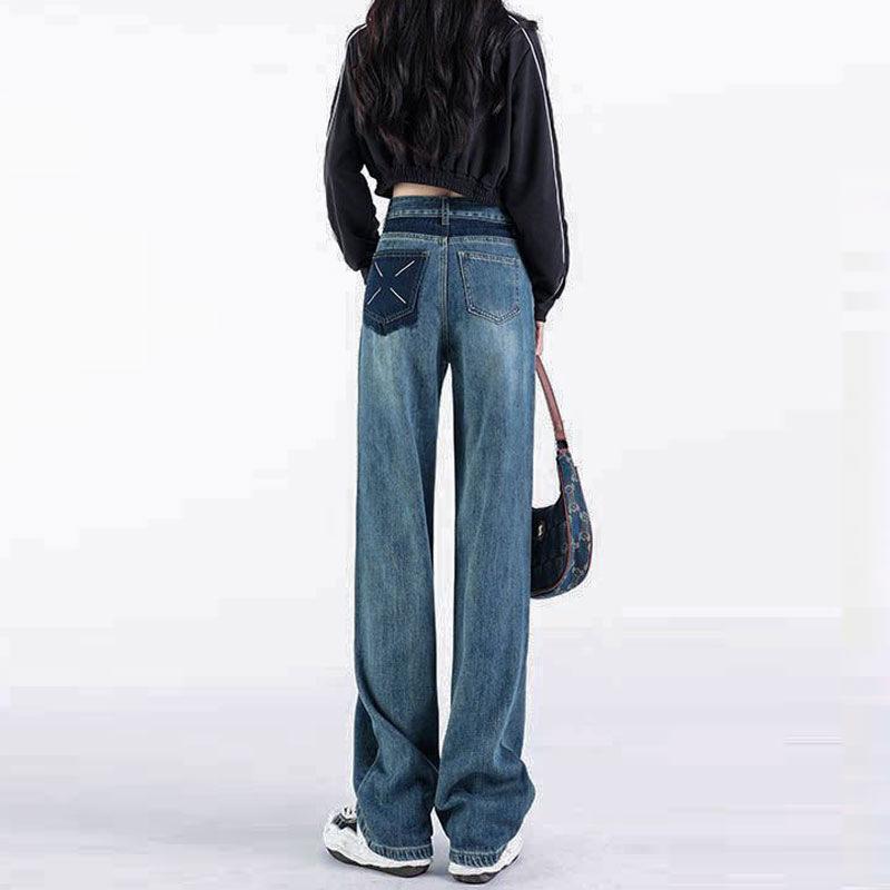 Vintage Wide Leg Pant Jeans Clash Pockets High Waist Straight Loose Drag Jeans for Women