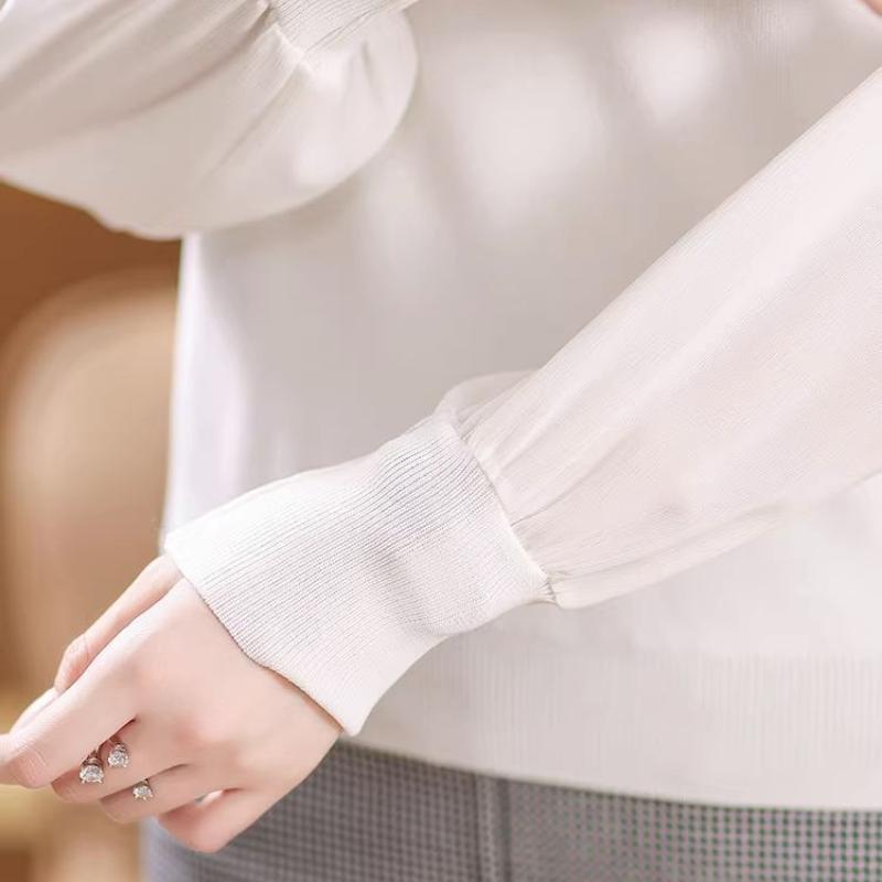 Mesh Sleeved Bottoming Shirt for Women's Spring Autumn Hollowed Out Knittwear New Ice Silk Long Sleeved T-shirt Knitted Top