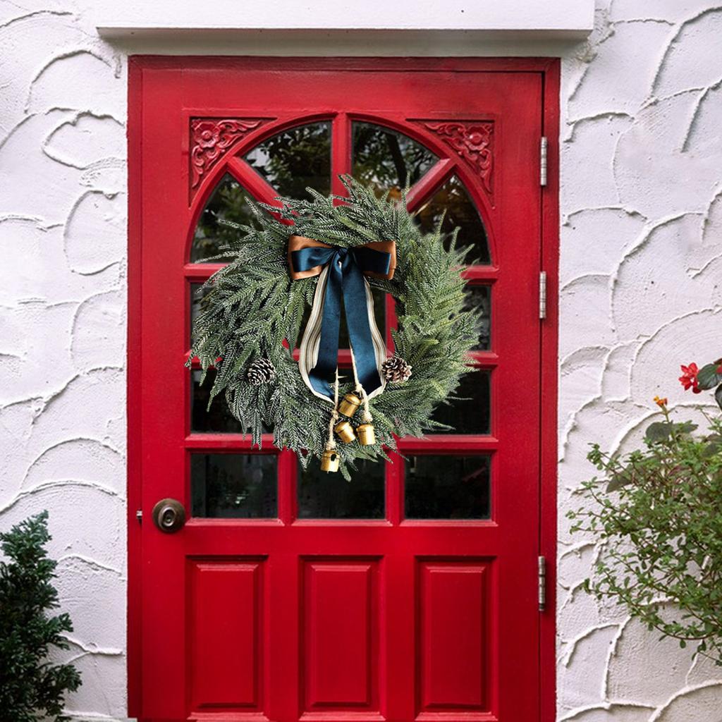 Christmas Decorations -  Norfolk Wreath With Bells And Ribbon - Artificial Wreath For Home Table Wall Window Indoor Outdoor Outside Decoratio
