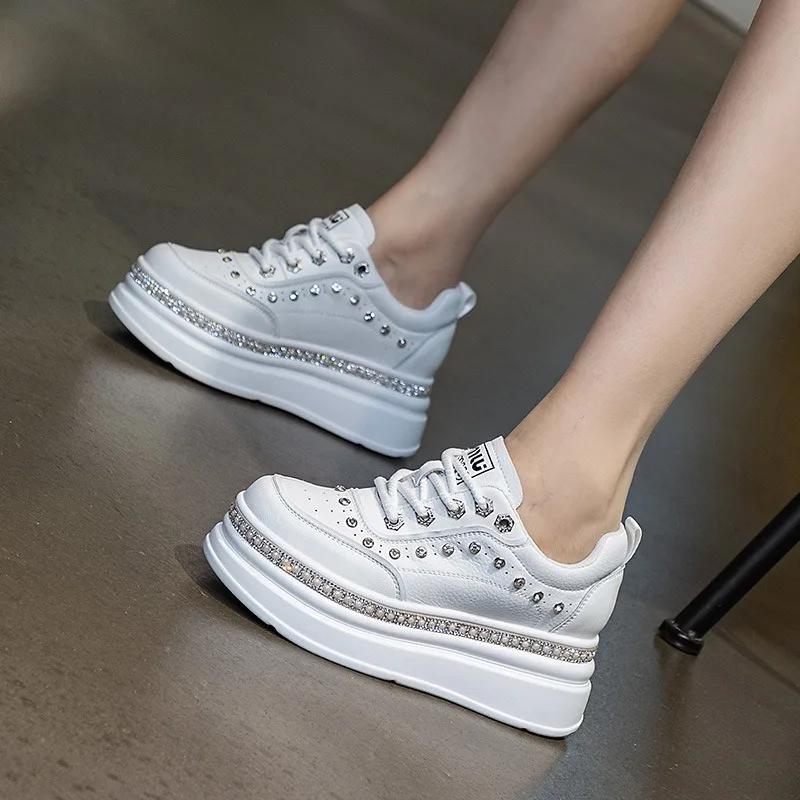 7cm Echtes Leder Damenmode Lässig Bling Klobige Sneaker Plateau Keil Vulkanisiert Herbst Frühling Versteckte Absätze Damenschuhe