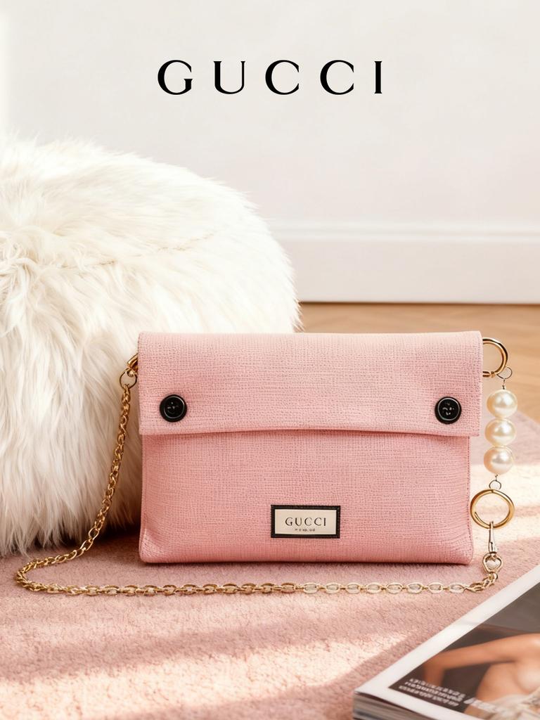 El Yapımı Pembe Kanvas İnci Zincirli Çanta, Niş Tasarımlı Tek Omuz Askılı Çanta, Kadınlar İçin Hafif Lüks Vintage Tarzı Çok Yönlü Çanta GUCCI-GIFT-80