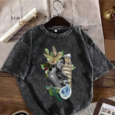 Vintage Washed Black Oversized T-Shirt Unique Artistic Collage Print Streetwear Cotton Short Sleeve Crewneck Tee