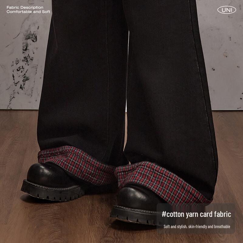 unifree Plaid Patchwork Loose Straight Casual Pants