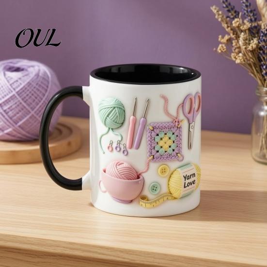 Taza de Cerámica Apta para Lavavajillas, con Diseño de Patrón de Tejido 3D, Gran Capacidad, Práctica para Microondas, Taza de Café Duradera, Taza de Té, para Amantes de las Manualidades