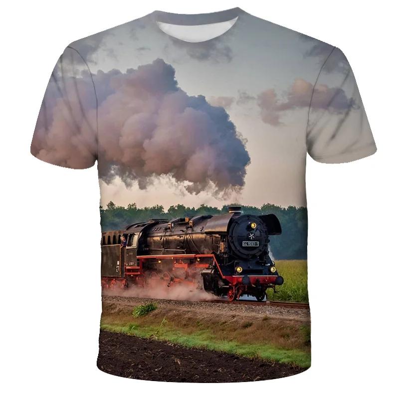 Fashion Trends Summer New Retro Train Engine Pattern Printed Men's T-shirt Street Fashion Cool Round Neck Plus Size Top