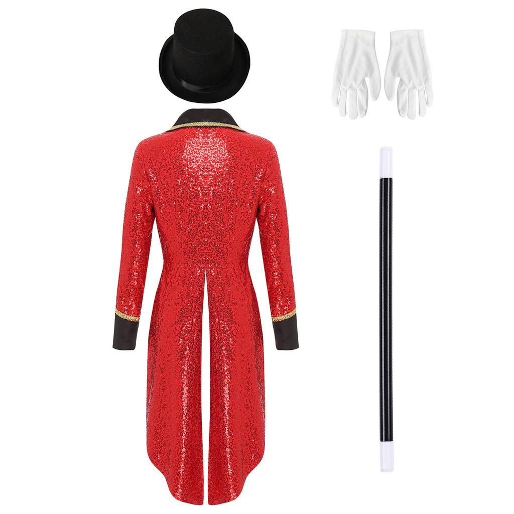 Womens Ringmaster Sequin Tailcoat Set Bowler Hat White Gloves Magic Wand 4 Pieces Circus Halloween Costume