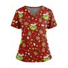 Women's Christmas Print V-Neck Double Pocket Short Sleeve  Uniform Top With Slit Hem