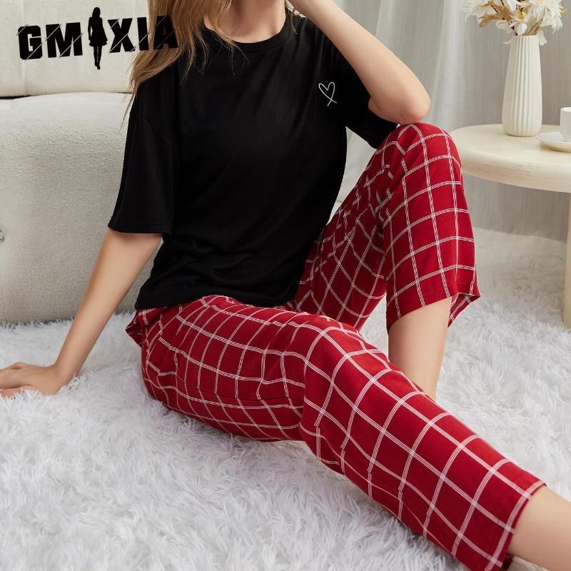 GMXIA Pajamas Women's Spring and Summer Thin Short-sleeved Trousers Homewear Suit