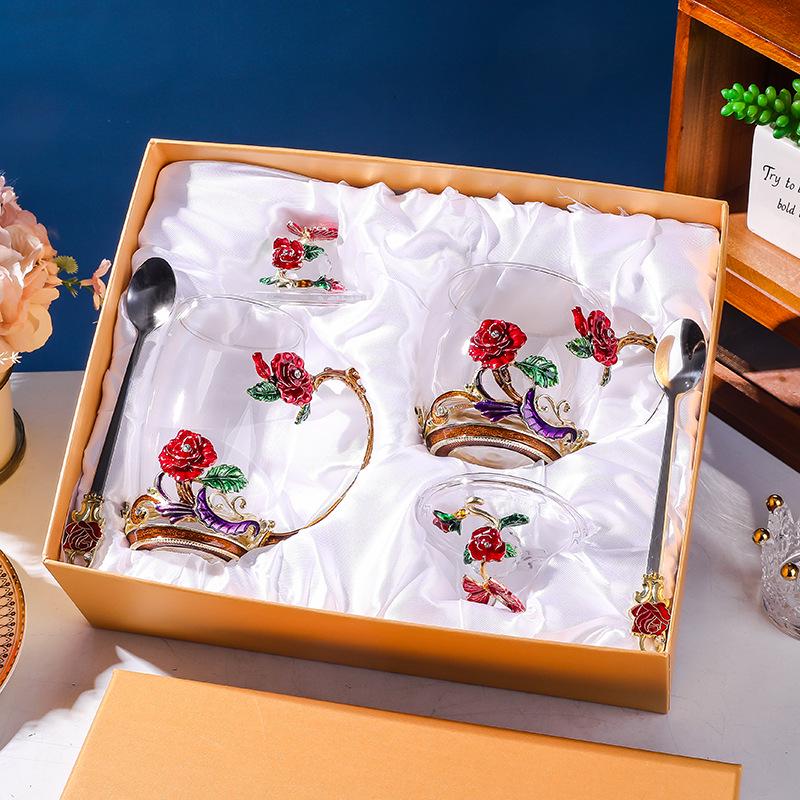 Colored Enamel Flower Glass Tea and Coffee Cup Set for Home and Office