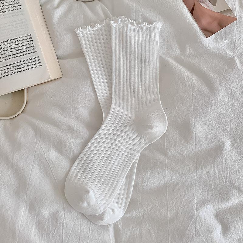 Black White Lolita Kawaii Cute Ruffle Socks Women Summer Thin Mesh Breathable Loose Long Socks Ballet Style Solid Color Socks