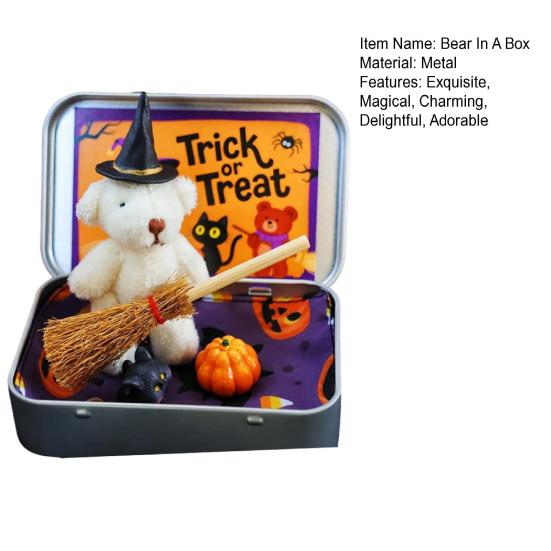 Halloween Bear In A Box for Trick or Treat Handmade Witch Bear In Box Miniature Plush Bear with Witch Hat Broom Pumpkin Cat for Halloween Party
