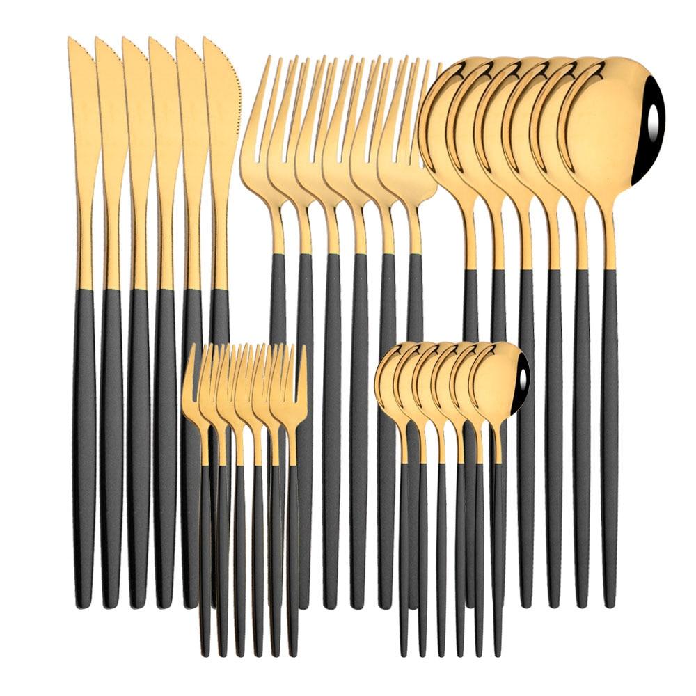 30pcs Gold Dinnerware Set Stainless Steel Dinner Knife Fork Coffee Spoon Teaspoon Flatware Dishwasher Safe Kitchen Tableware Set